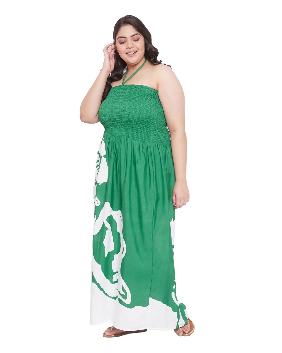 Women Green Floral Pattern Polyester Drawstring Maxi Tube Dress