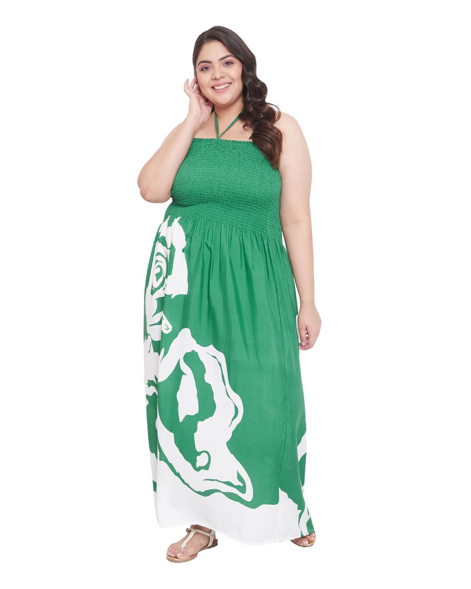 Women Green Floral Pattern Polyester Drawstring Maxi Tube Dress