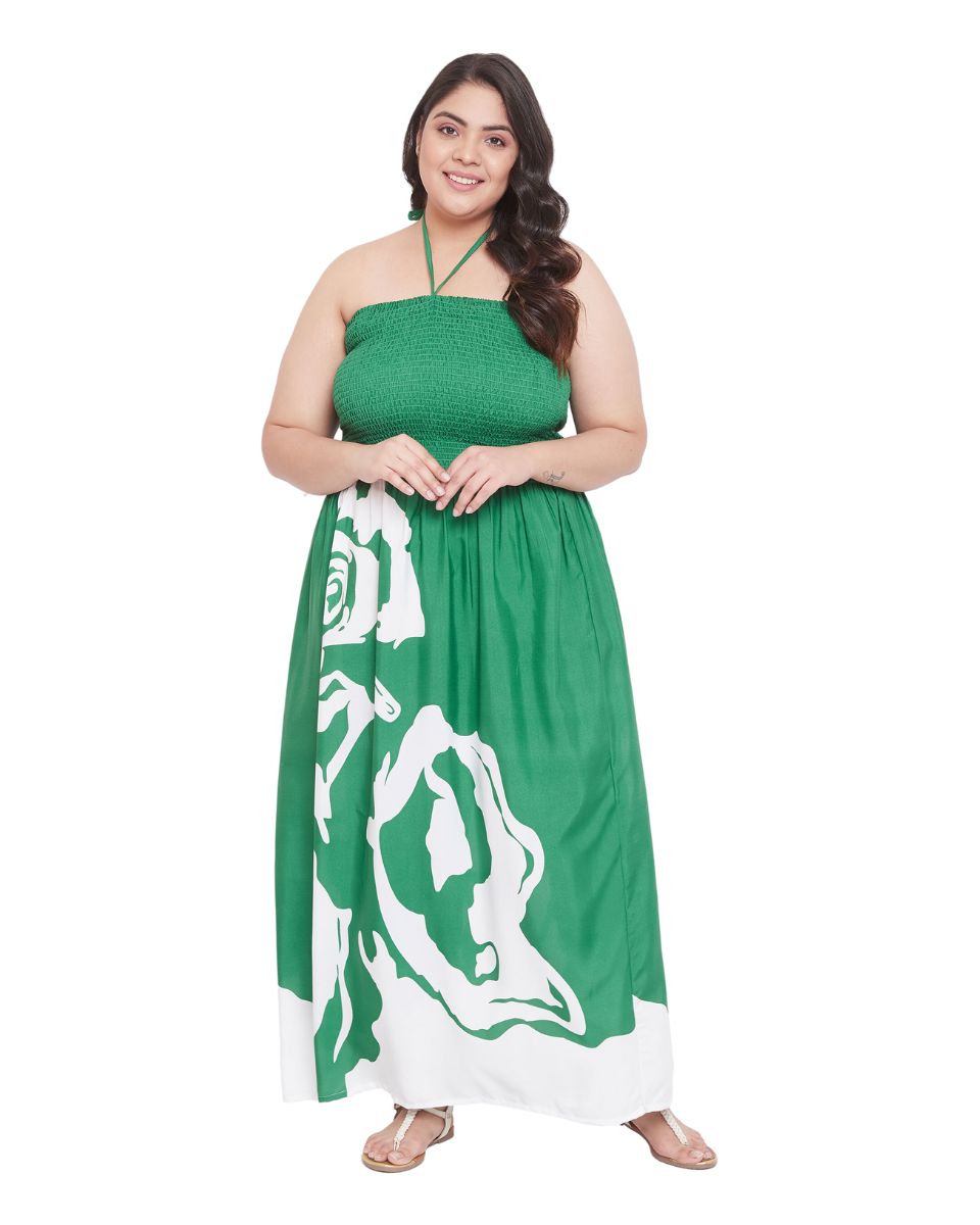 Women Green Floral Pattern Polyester Drawstring Maxi Tube Dress