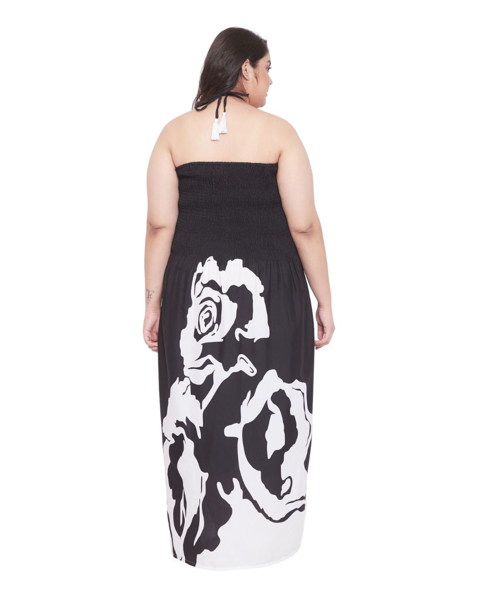 Black Floral Pattern Polyester Drawstring Maxi Tube Dress For Women