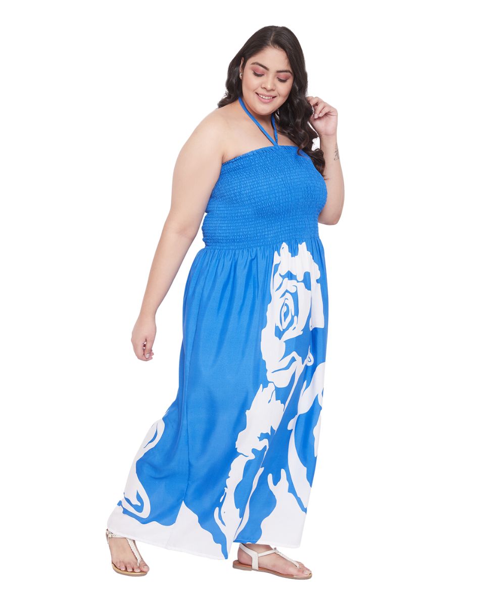 Women Blue Floral Pattern Polyester Drawstring Maxi Tube Dress