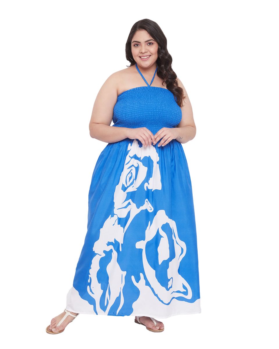 Women Blue Floral Pattern Polyester Drawstring Maxi Tube Dress