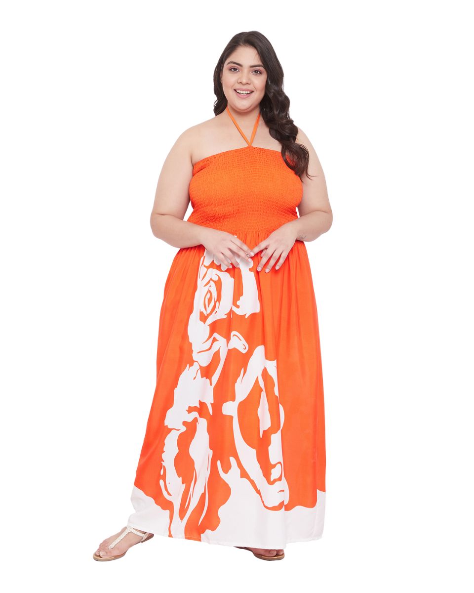 Women Orange Floral Pattern Polyester Drawstring Maxi Tube Dress