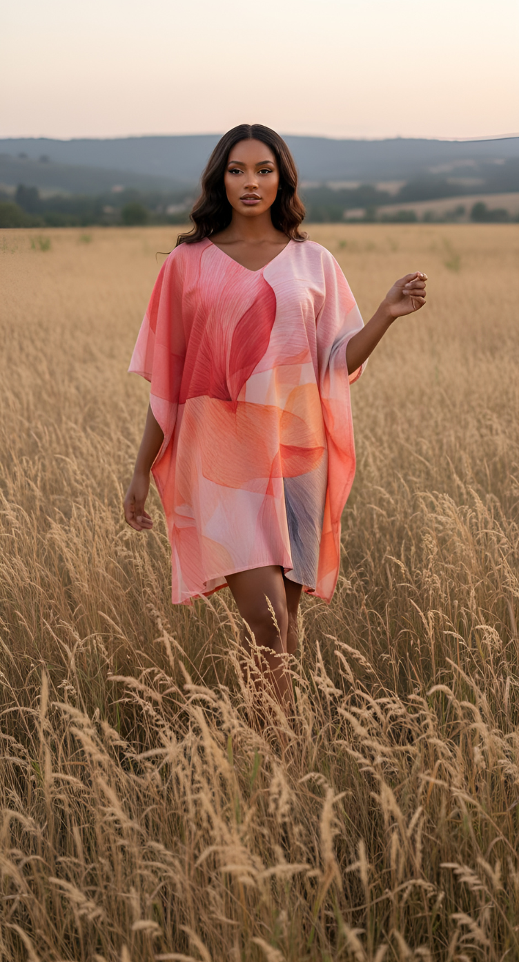 Leaf Pastel Pink Cotton Silk Women Plus Size Tunic Short Kaftan