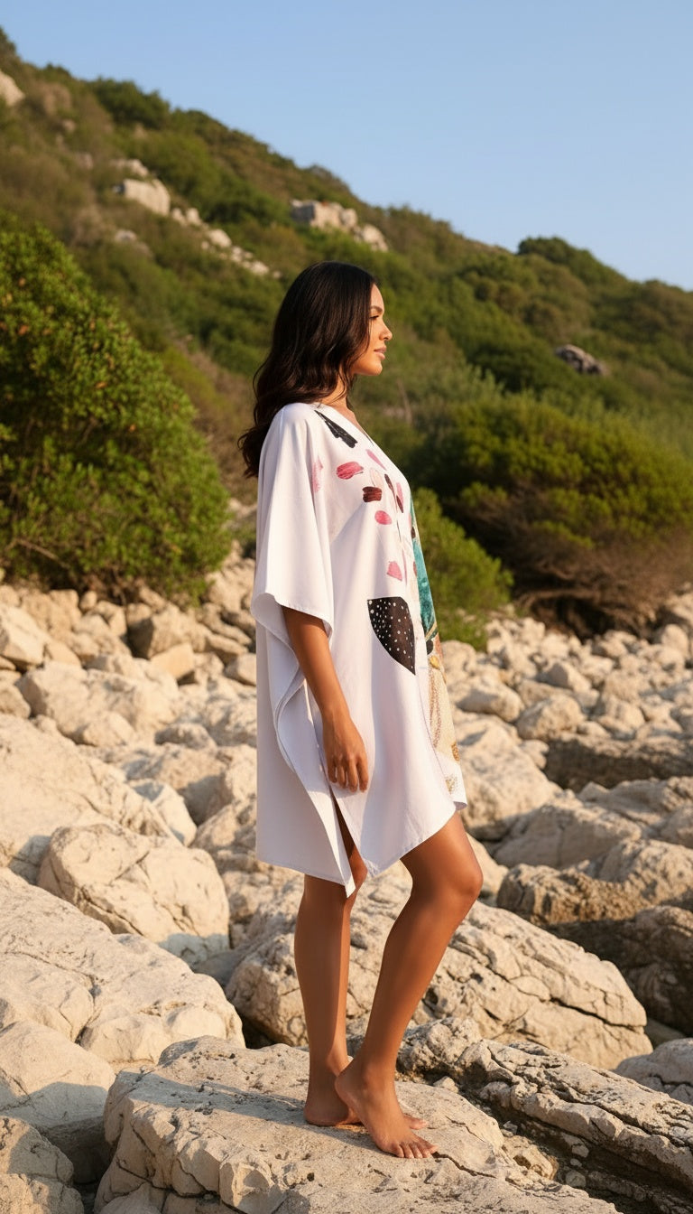 Abstract Floral & Leaf Cotton Silk Short Kaftan dress for women