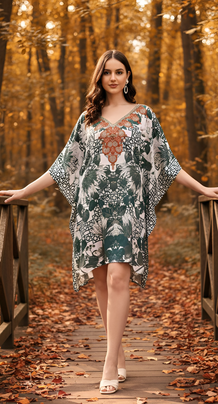 Leaf Print Green Feather Silk Women Plus Size Short Kaftan