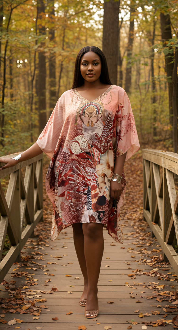 Floral Peach Feather Silk Plus Size Short Kaftan Tunic