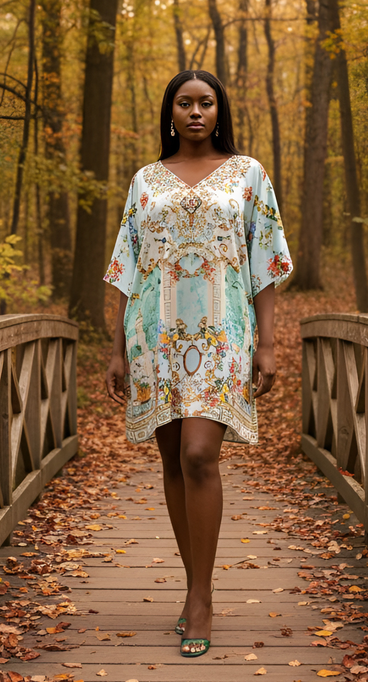 Baroque Pastel Blue Feather Silk Plus Size Tunic Top For Women