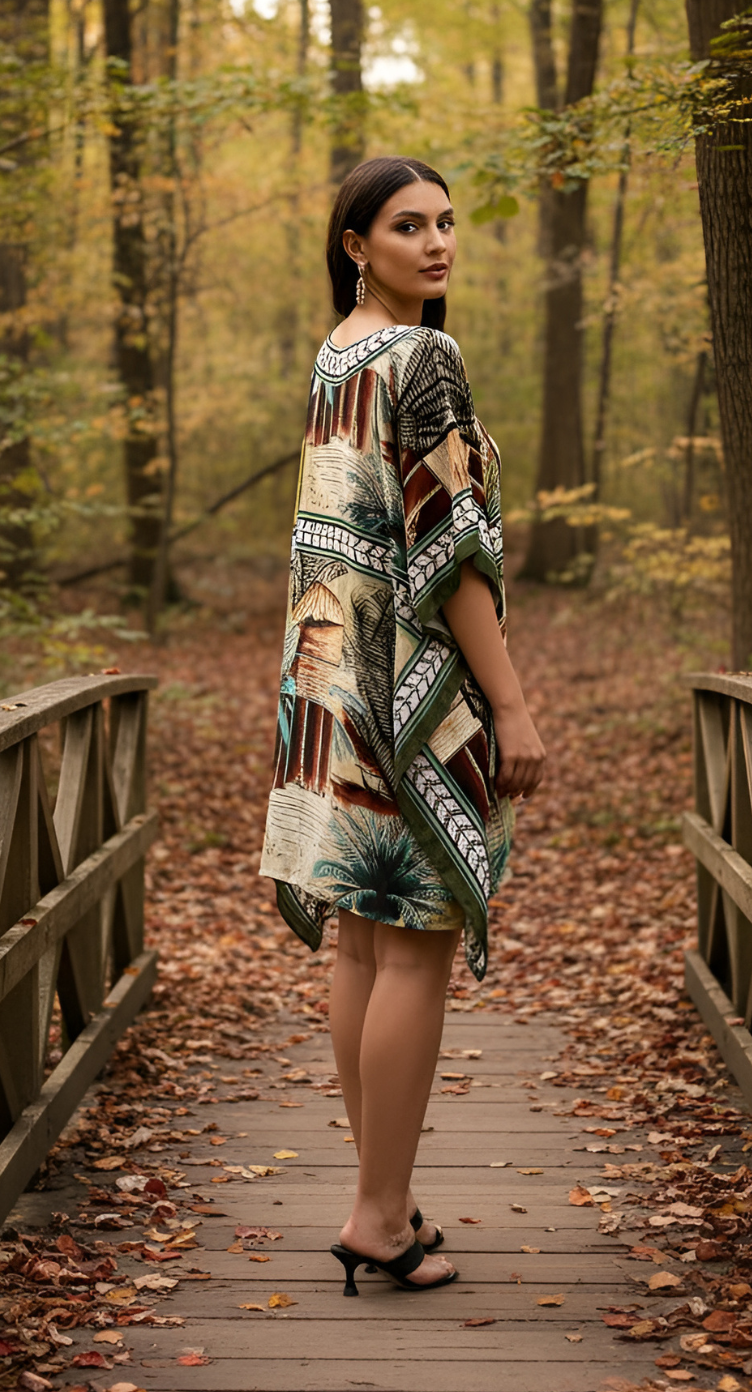 Tropical Multicolor Feather Silk Women Plus Size Short Kaftan