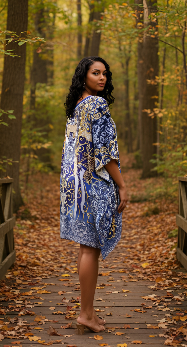 Baroque Blue Feather Silk Short Caftan for Women Plus Size
