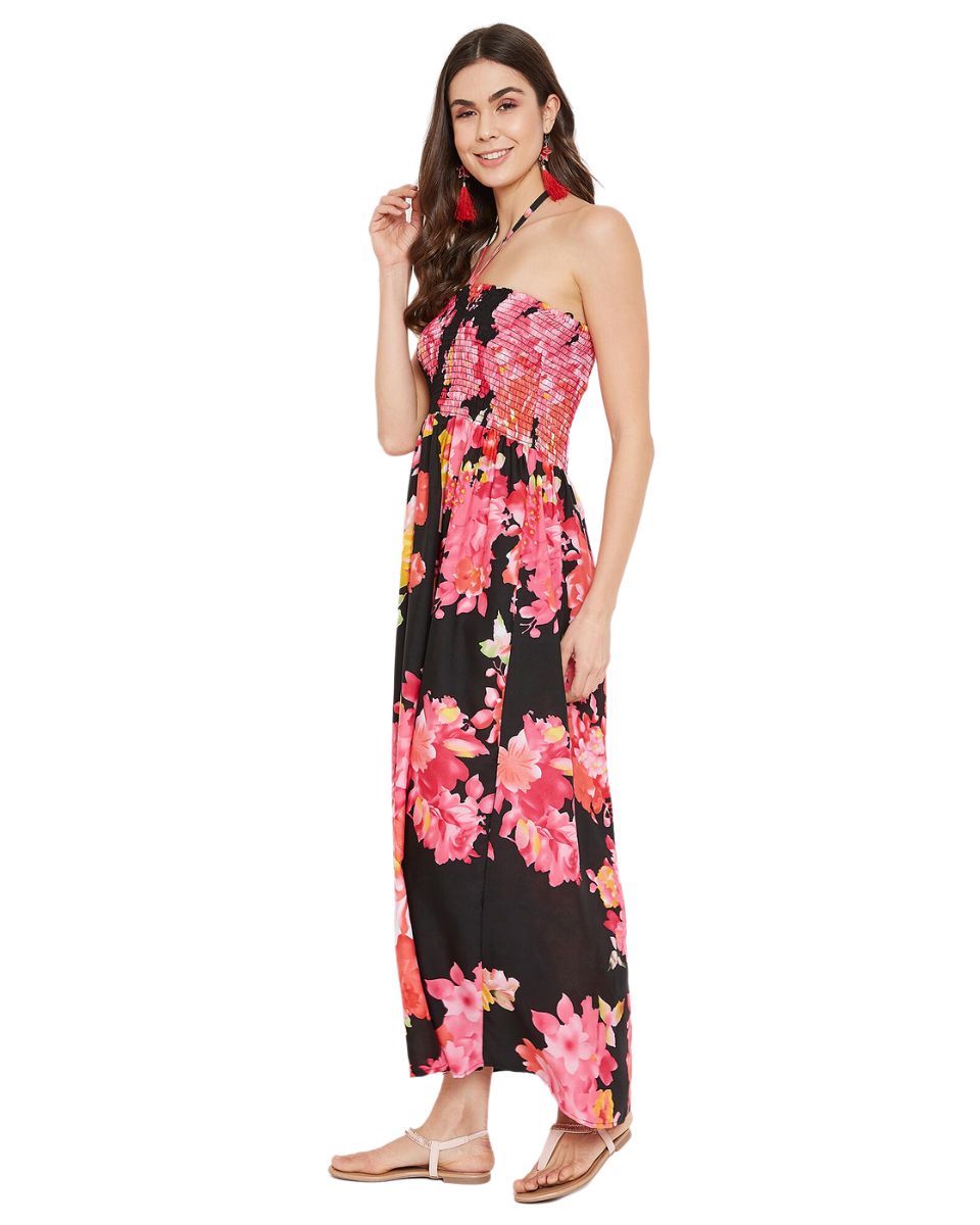 Floral Printed Black Polyester Tube Dress for Women