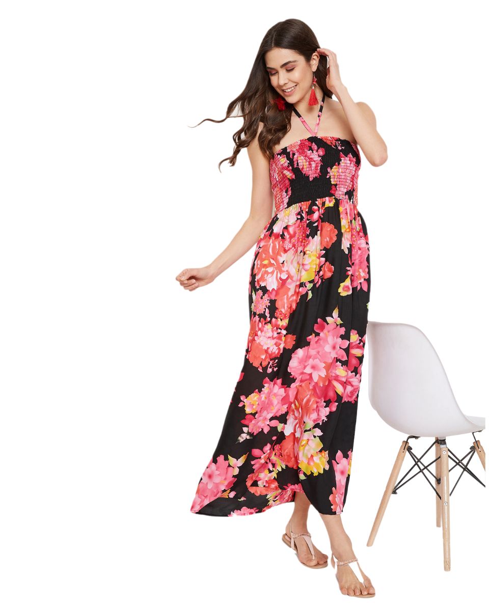 Floral Printed Black Polyester Tube Dress for Women