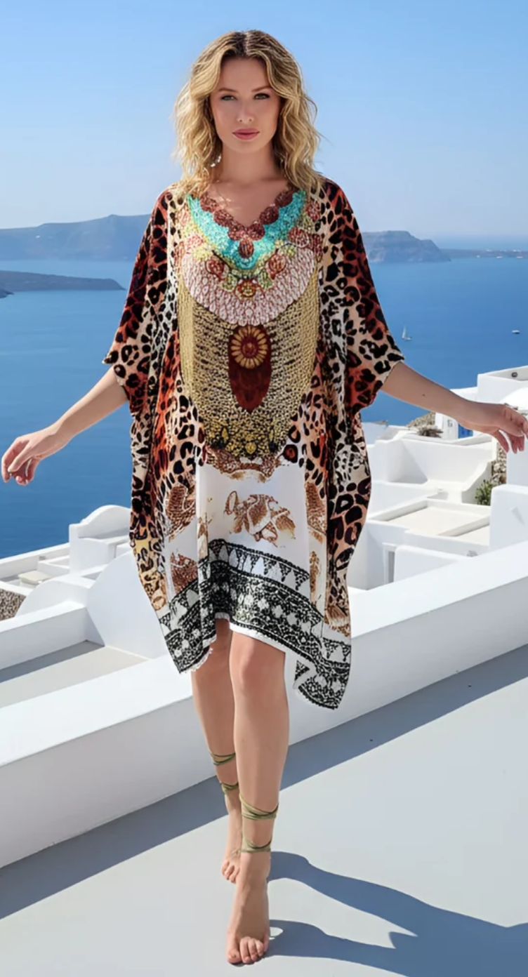 Light Brown Leopard Ornate Satin Plus Size Tunic for Women 1X-3X | GypsieBlu