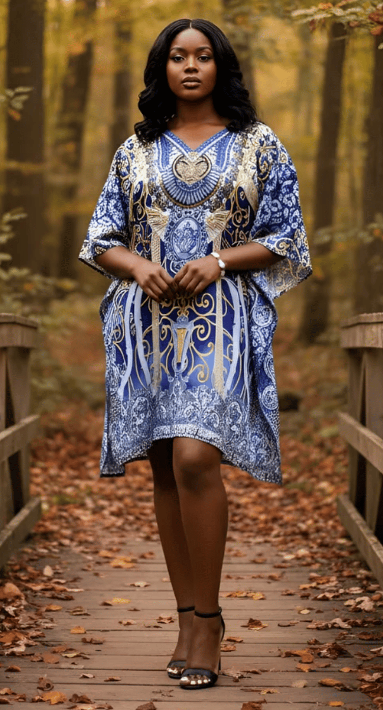 Blue Ornate Damask Satin Plus Size Tunic for Women 1X-3X | GypsieBlu