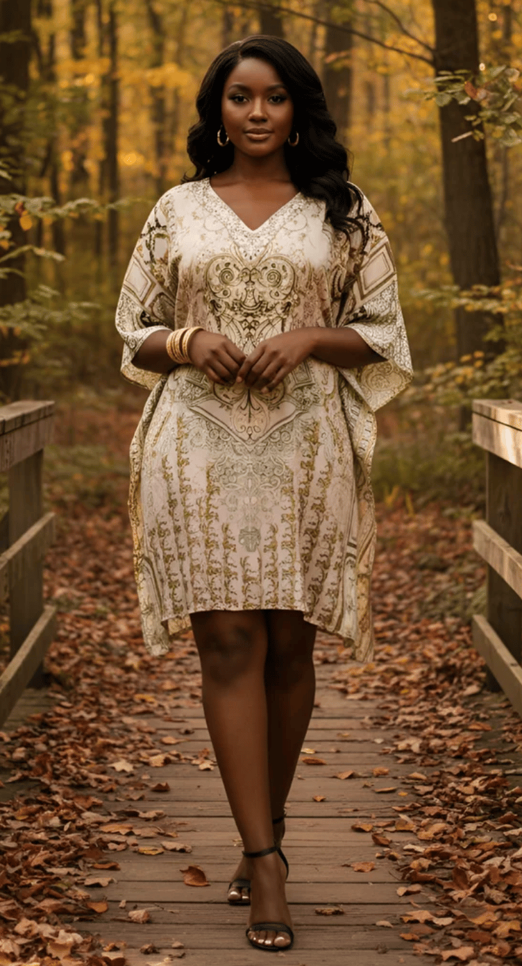 Beige Ornate Baroque Satin Plus Size Tunic for Women 1X-3X | GypsieBlu