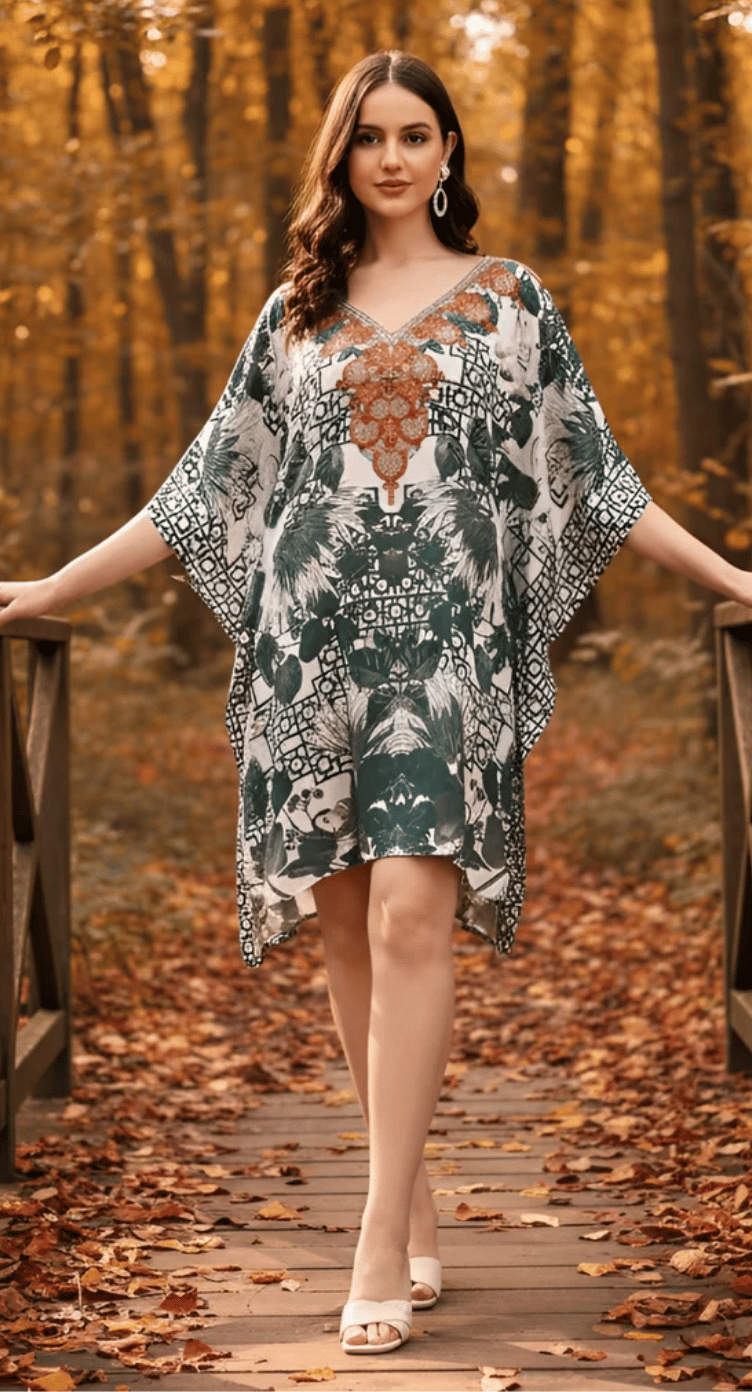 Pine Green Ornate Tropical Satin Plus Size Tunic for Women 1X-3X | GypsieBlu
