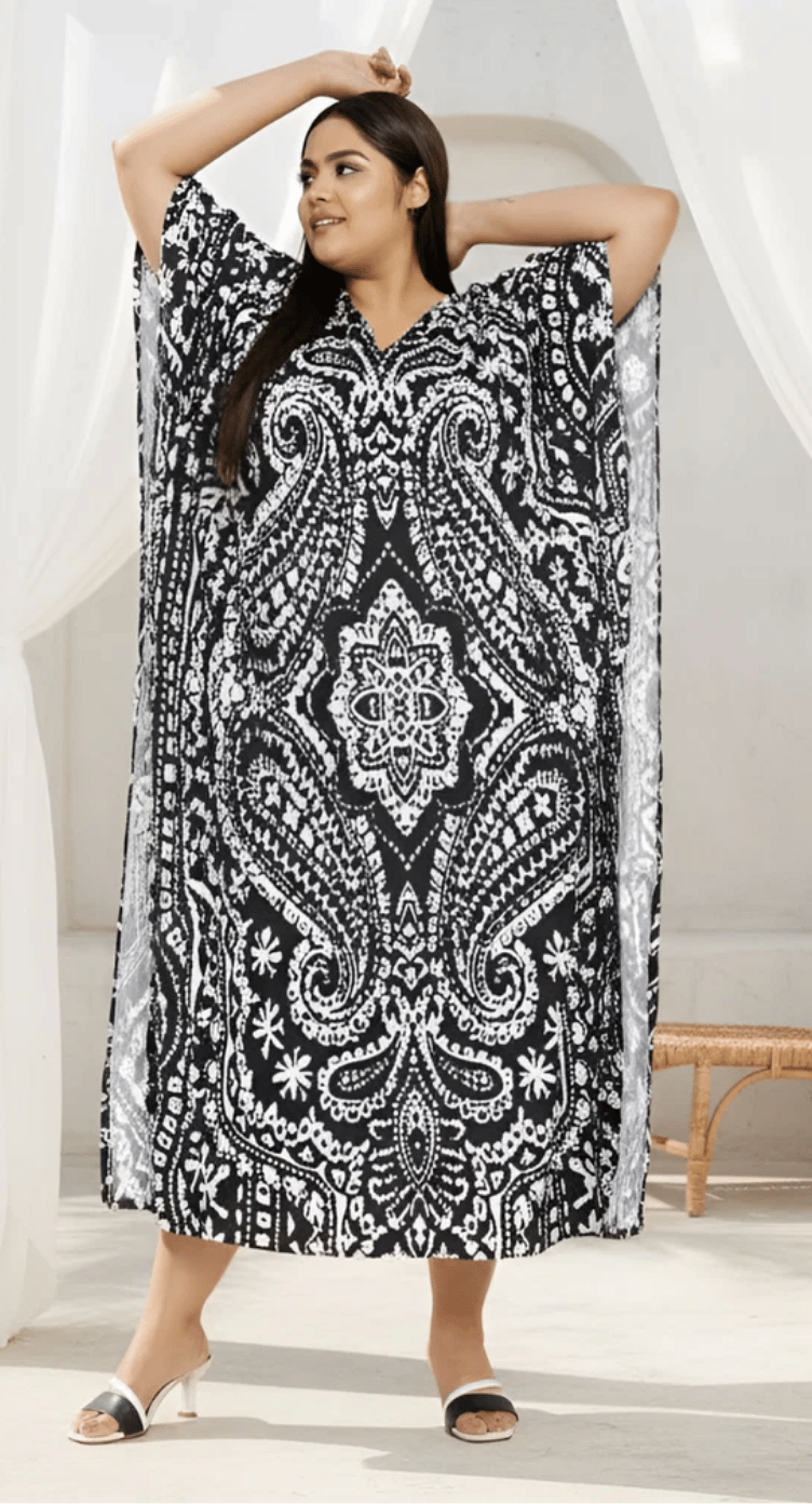 Black Medallion Paisley Damask Polyester Plus Size Kaftan for Women 1X-3X V Neck | GypsieBlu