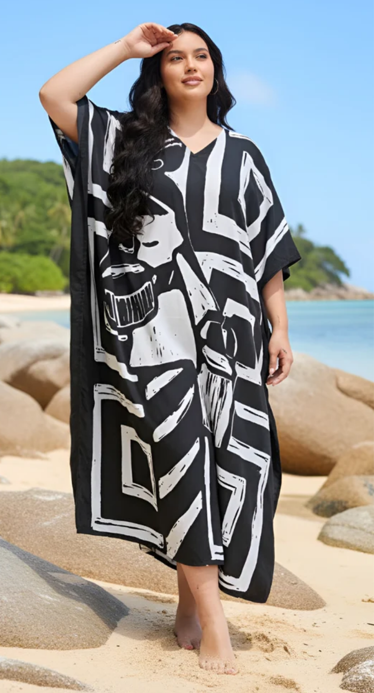 Black Bold Linocut Polyester Plus Size Kaftan for Women 1X-3X | GypsieBlu