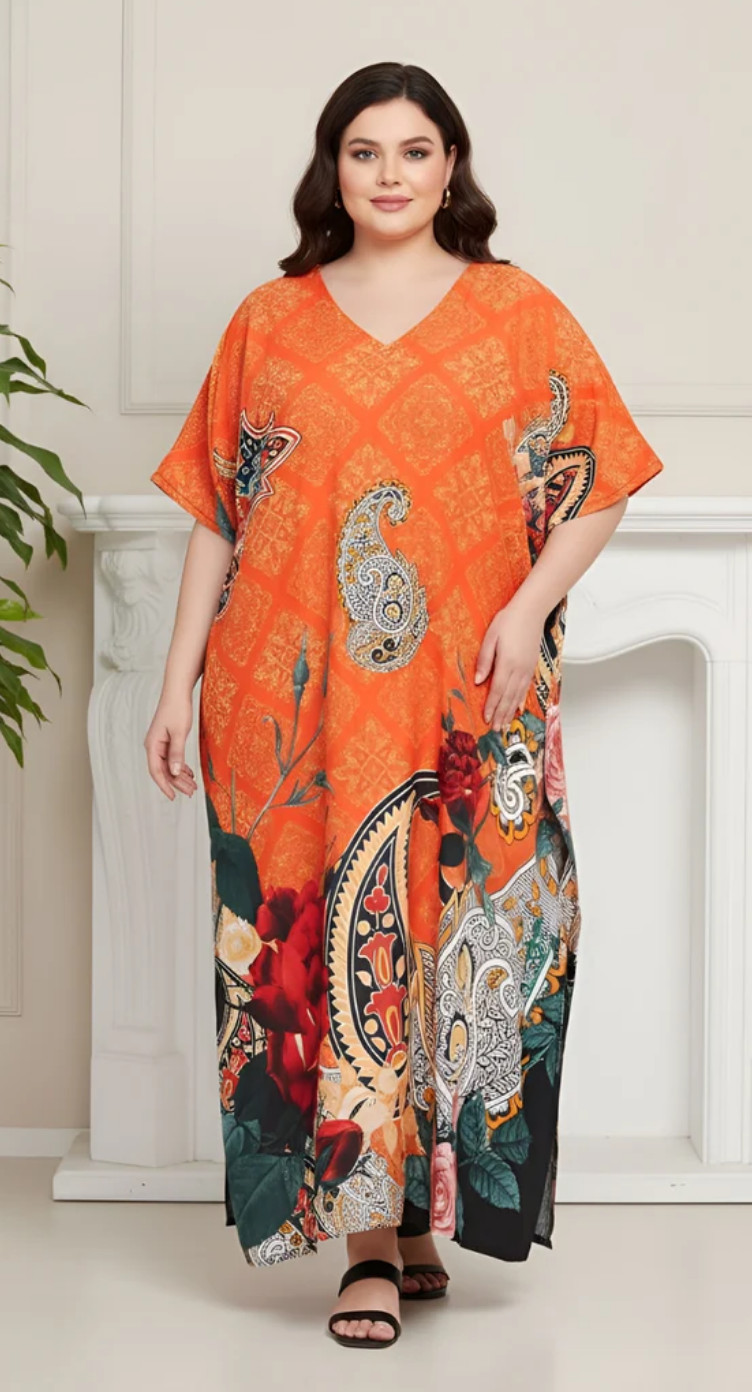 Orange Paisley Floral Polyester Plus Size Kaftan for Women 1X-3X | GypsieBlu