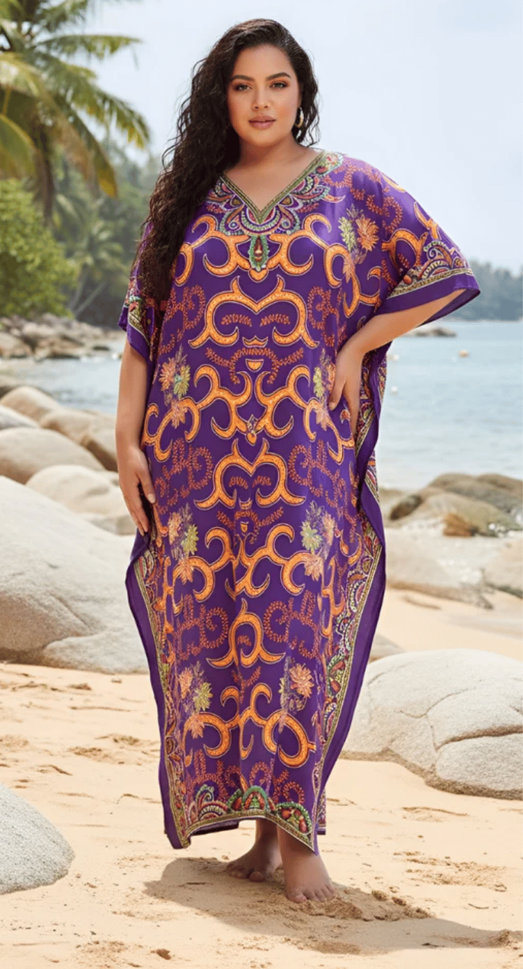 Purple Tribal Medallion Polyester Plus Size Kaftan for Women 1X-3X | GypsieBlu