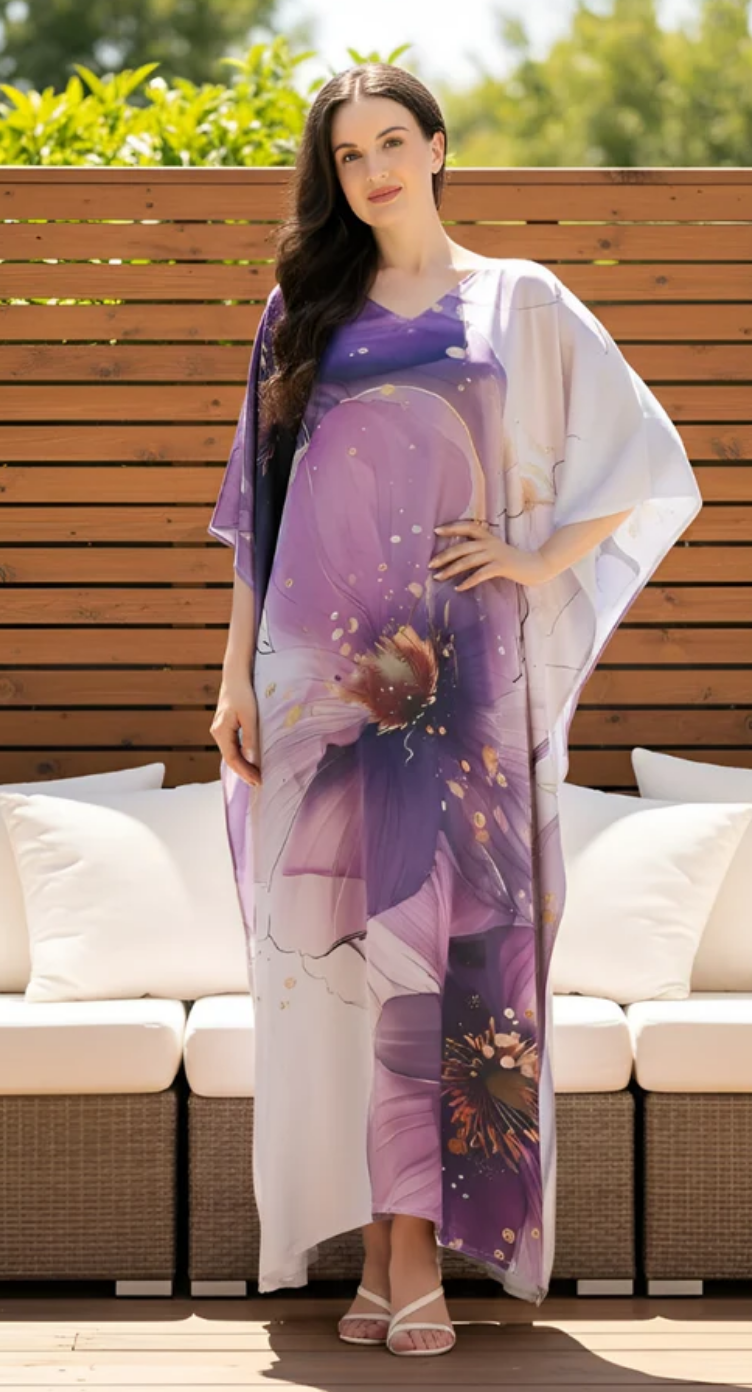 Light Purple Watercolor Floral Satin Plus Size Kaftan Dress for Women 1X-3X | GypsieBlu