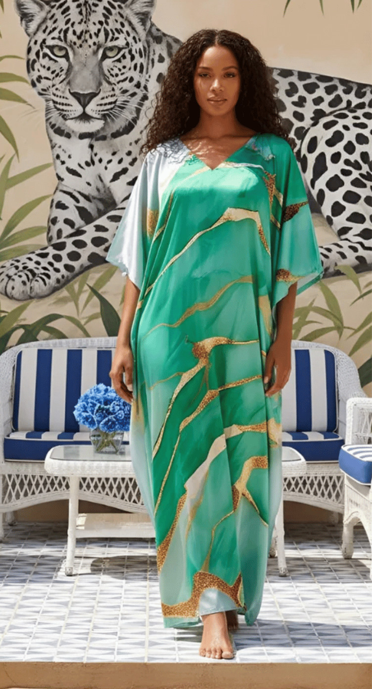Emerald Green Marble Abstract Satin Plus Size Kaftan Dress for Women 1X-3X 3/4 Sleeve | GypsieBlu
