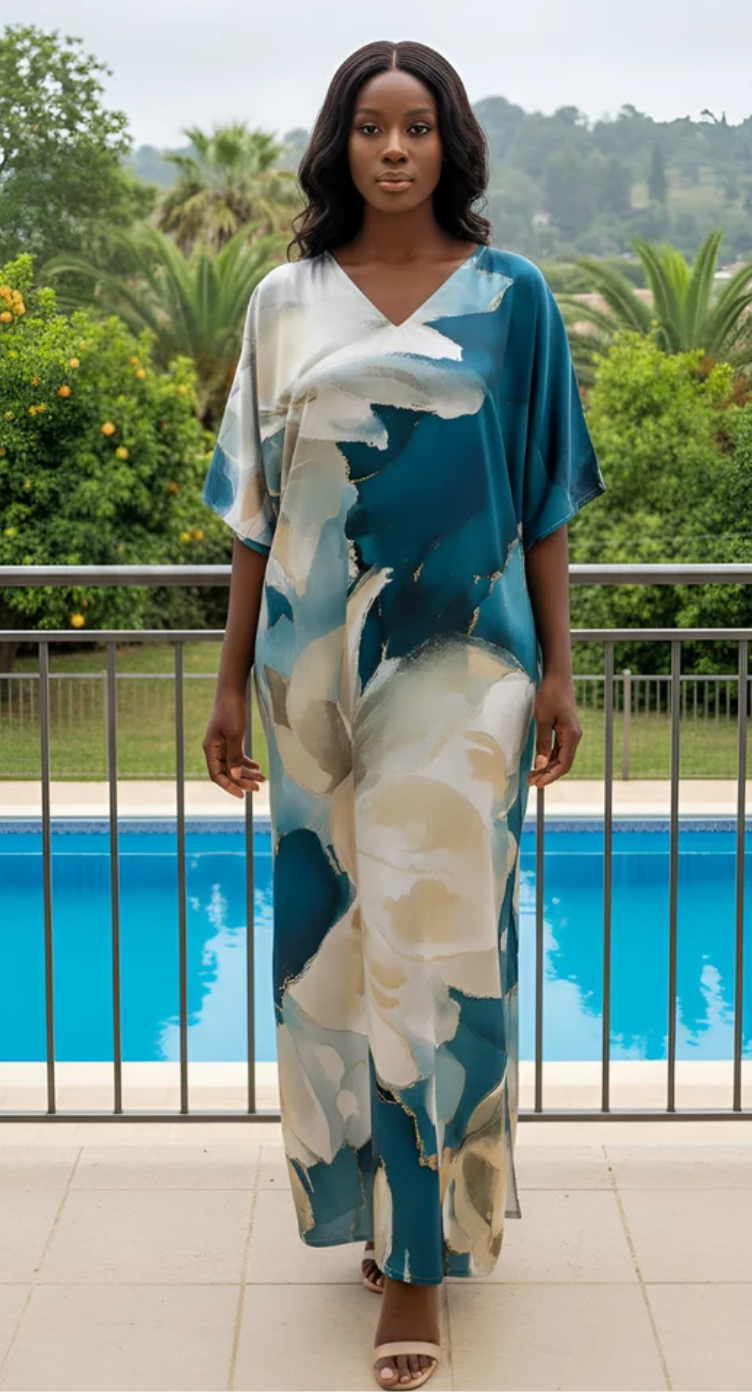 Teal Abstract Satin Plus Size Kaftan Dress for Women 1X-3X | GypsieBlu