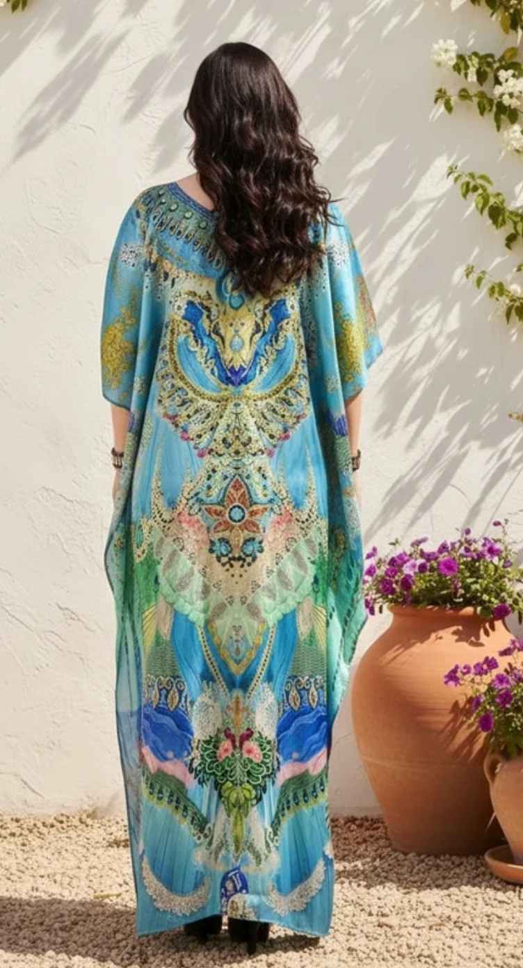 Blue Ornamental Satin Plus Size Kaftan Dress for Women 1X-3X | GypsieBlu