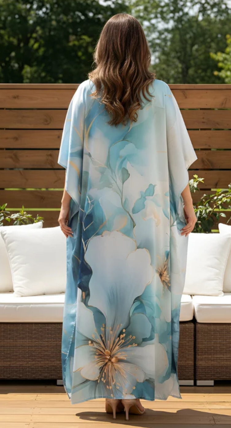 Light Blue Watercolor Satin Plus Size Kaftan Dress for Women 1X-3X | GypsieBlu
