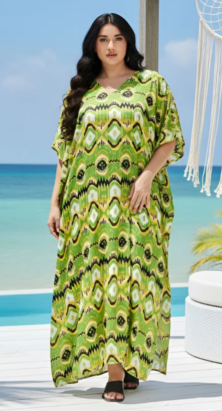 Green Tribal Ikat Diamond Polyester Plus Size Kaftan for Women 1X-3X V Neck | GypsieBlu