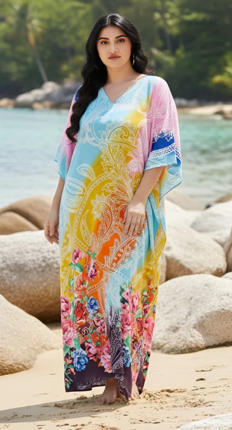 Floral Ombre Paisley Polyester Plus Size Kaftan for Women 1X-3X 3/4 Sleeve | GypsieBlu
