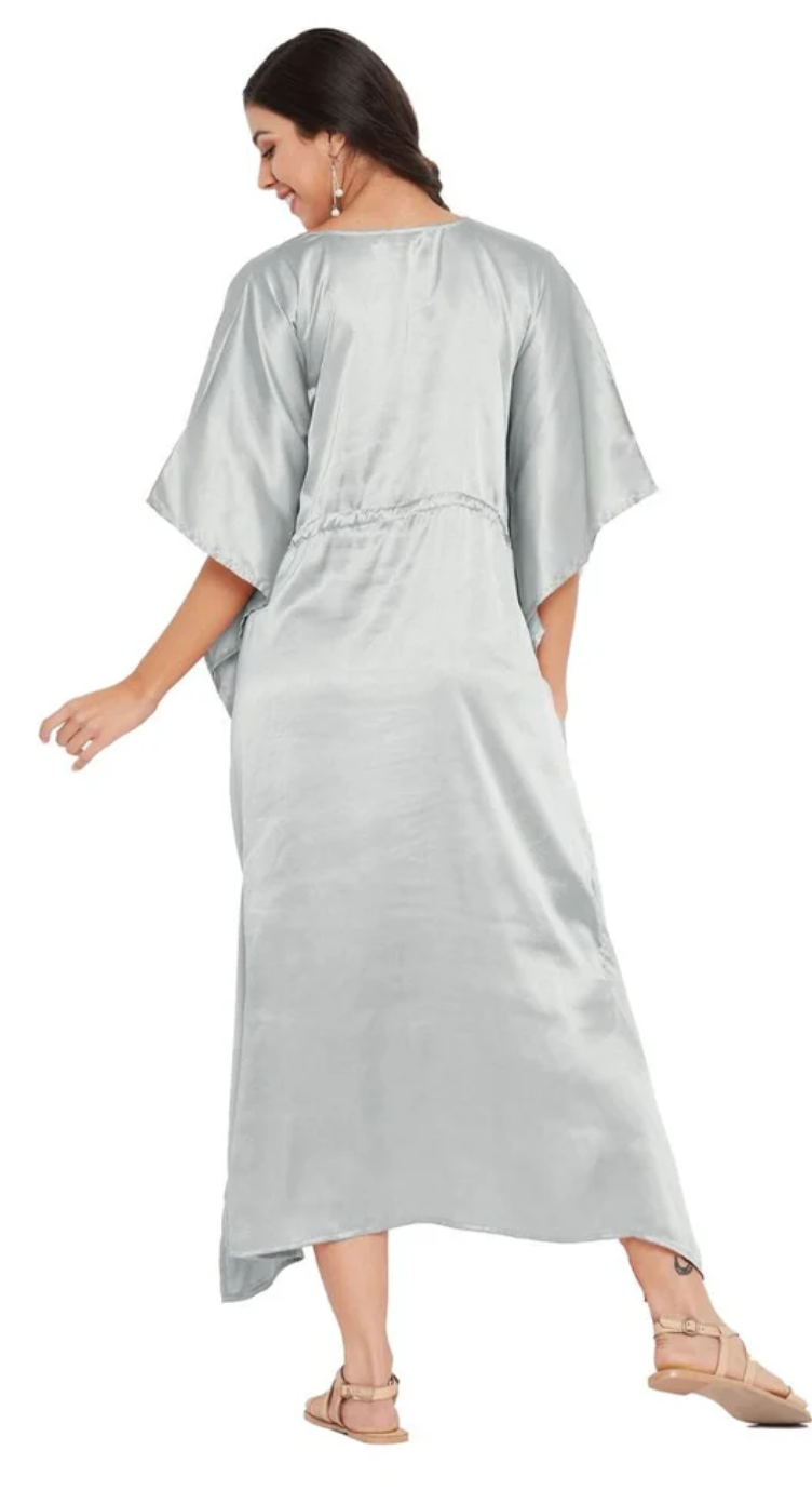 Silver Gray Satin Plus Size Kaftan Dress for Women 1X-3X | GypsieBlu