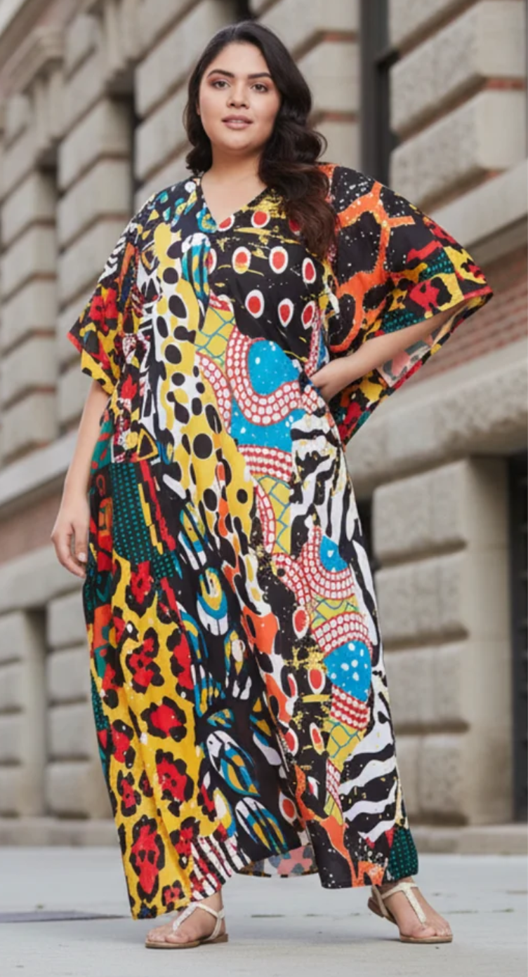 Multicolor Abstract Floral Patchwork Mosaic Polyester Plus Size Kaftan for Women 1X-3X | GypsieBlu