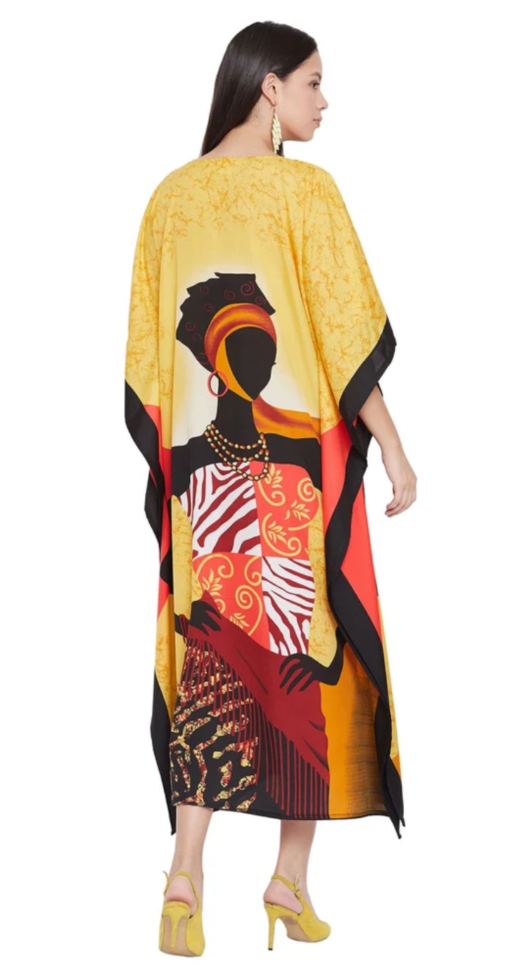 Yellow Tribal Woman Polyester Plus Size Kaftan for Women 1X-3X | GypsieBlu