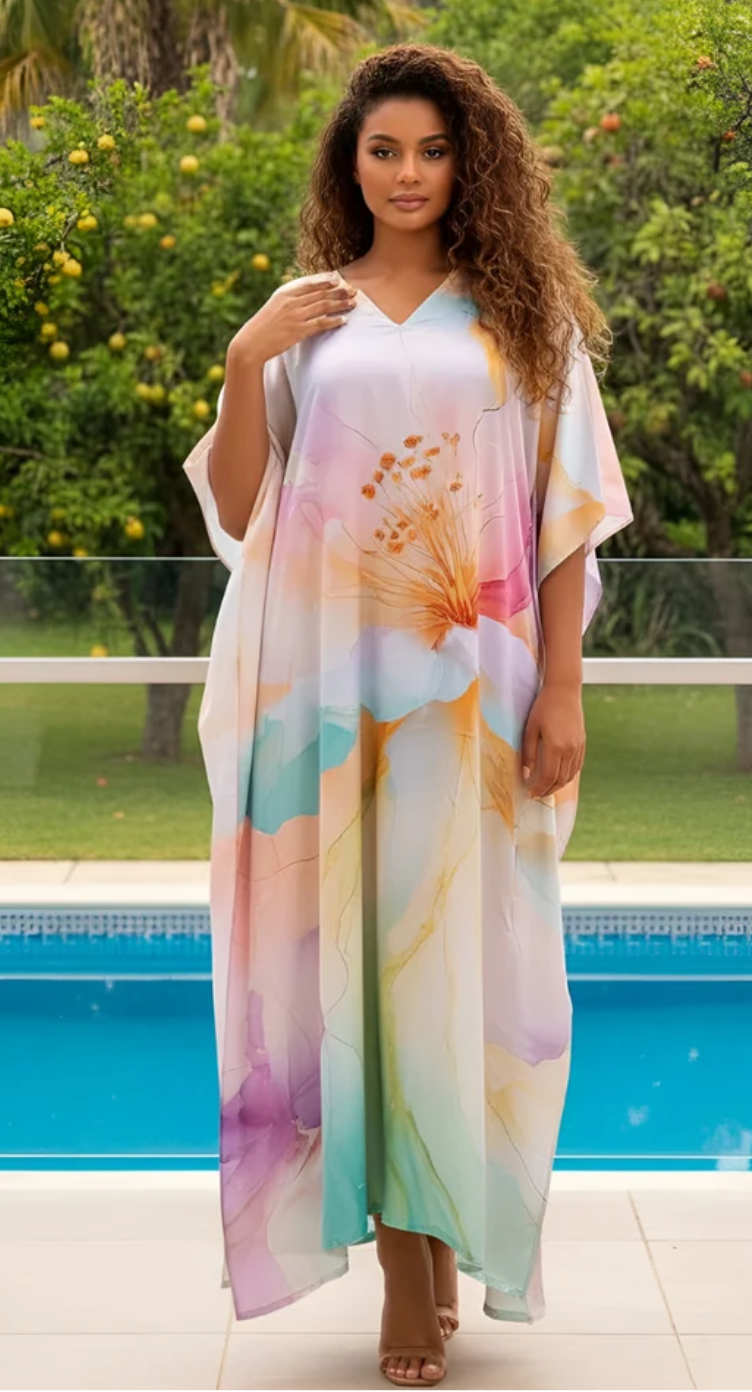 Cream Floral Pastel Watercolor Satin Plus Size Kaftan Dress for Women 1X-3X 3/4 Sleeve | GypsieBlu