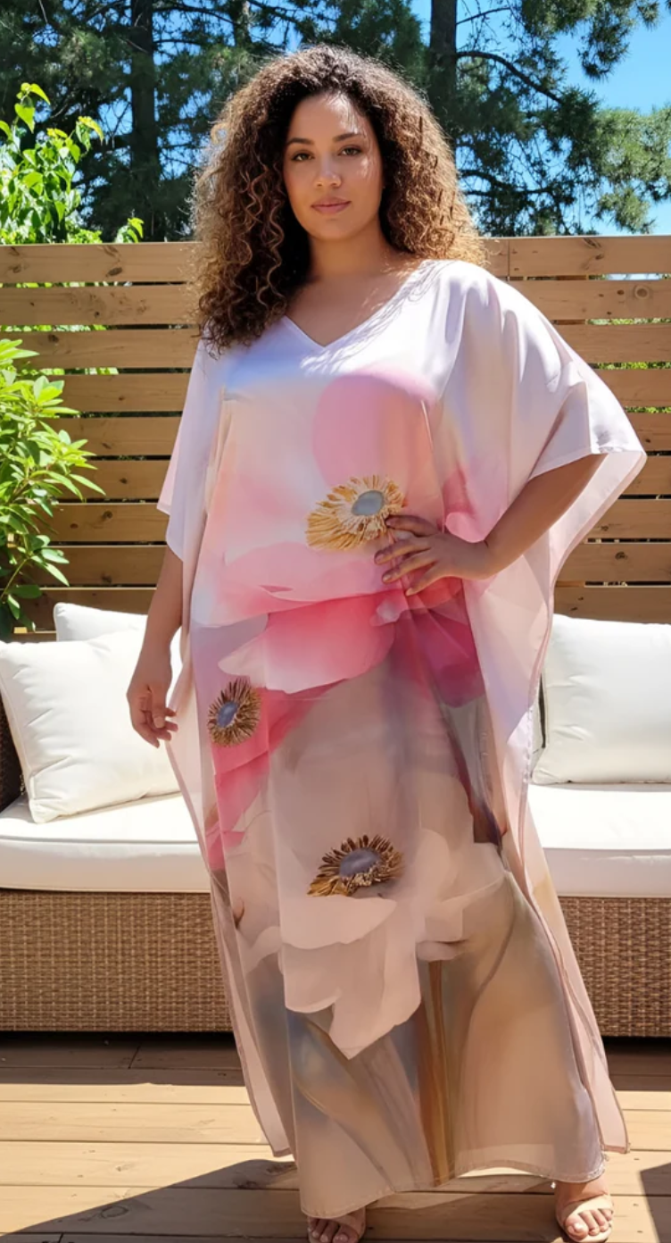 Pink & Peach Sunburst Floral Satin Plus Size Kaftan Dress for Women 1X-3X | GypsieBlu