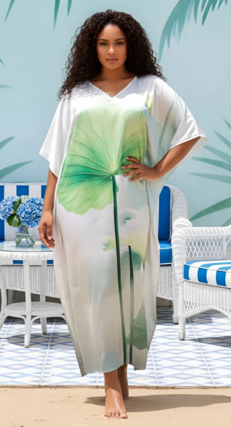 Off White Lotus Leaves Satin Plus Size Kaftan Dress for Women 1X-3X | GypsieBlu