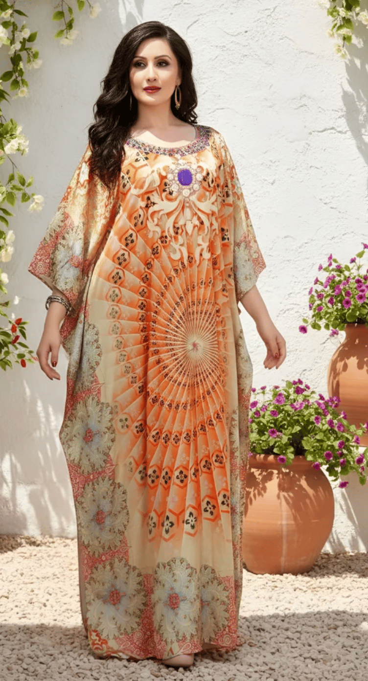 Beige Starburst Geometric Satin Plus Size Kaftan Dress for Women 1X-3X V Neck | GypsieBlu