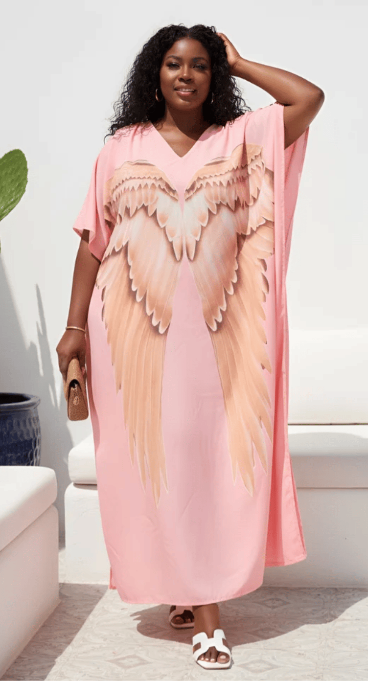 Baby Pink Angel Wings Polyester Plus Size Kaftan for Women 1X-3X | GypsieBlu