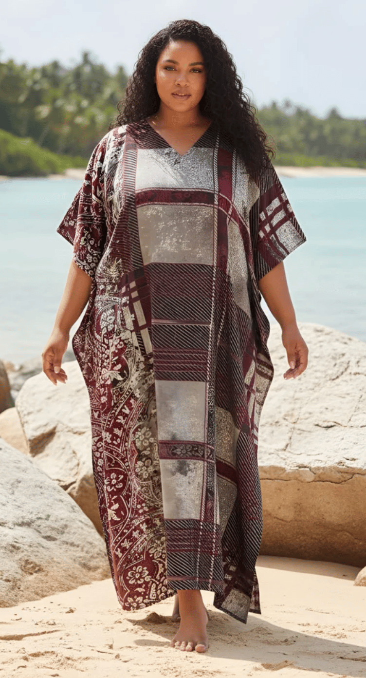 Maroon Patchwork Batik Polyester Plus Size Kaftan for Women 1X-3X | GypsieBlu