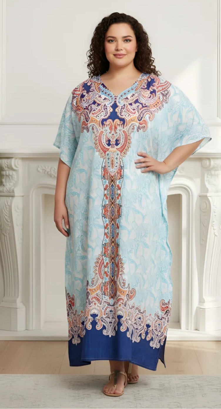Turquoise Paisley Damask Polyester Plus Size Kaftan for Women 1X-3X | GypsieBlu