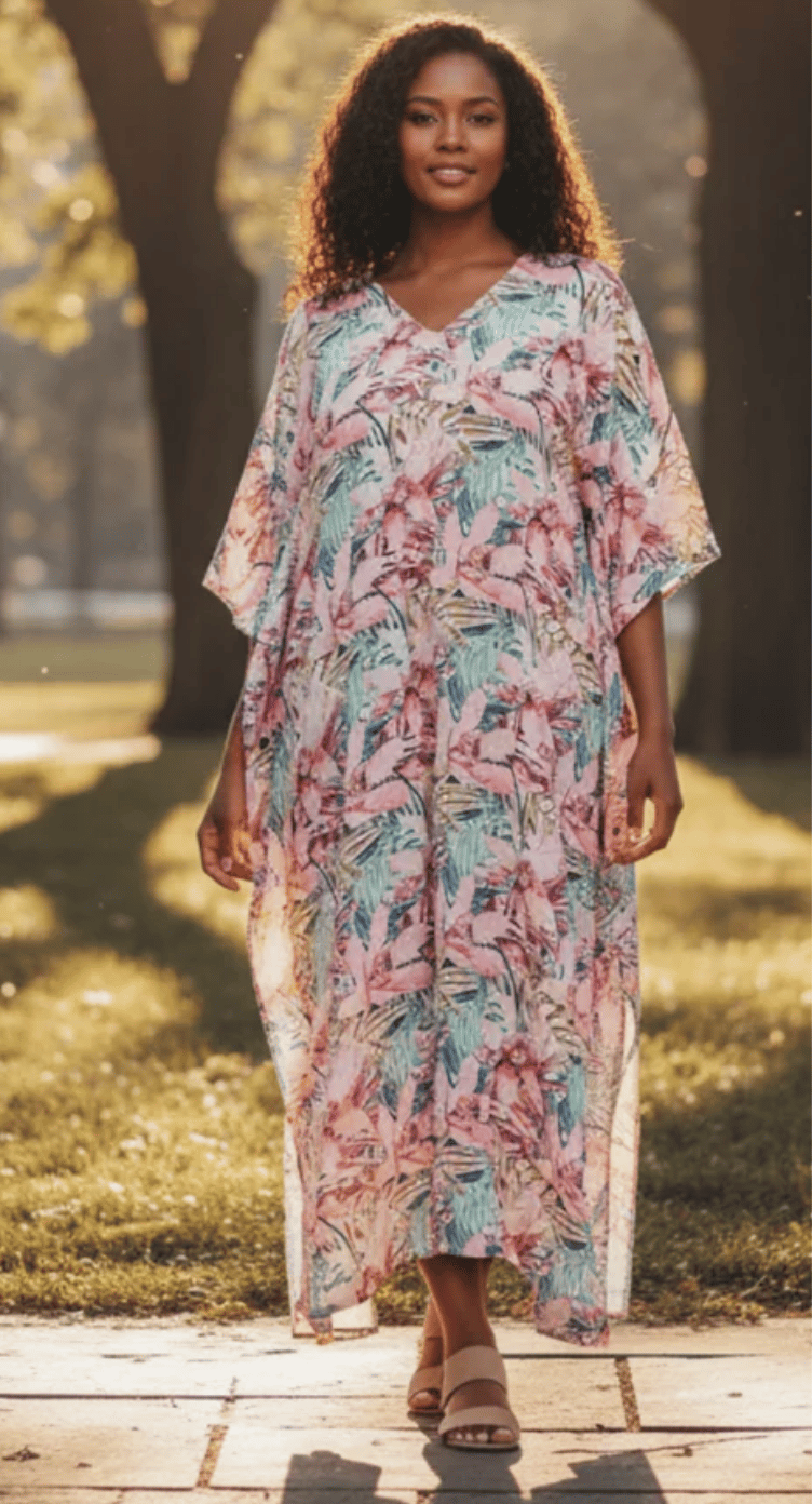 Pink Tropical Floral Polyester Plus Size Kaftan for Women 1X-3X V Neck | GypsieBlu