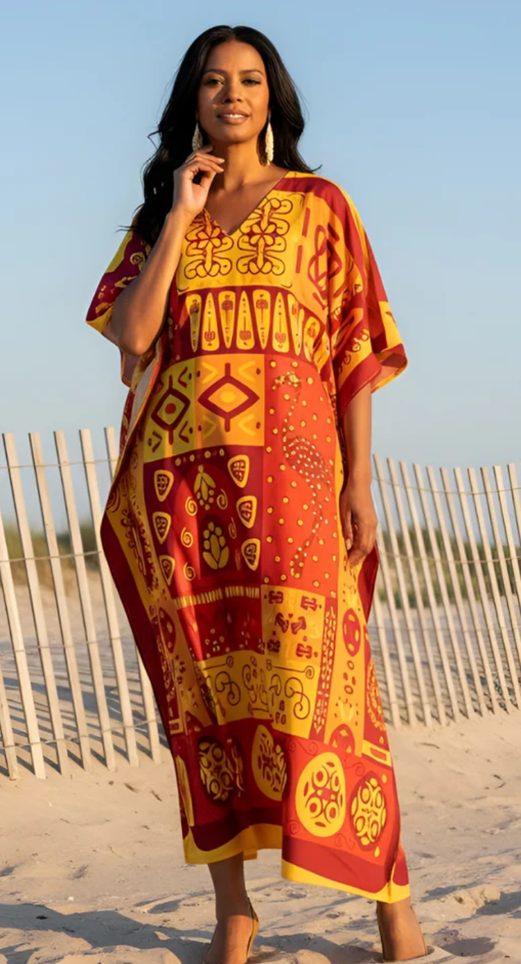 Yellow Tribal Medallion Polyester Plus Size Kaftan for Women 1X-3X | GypsieBlu