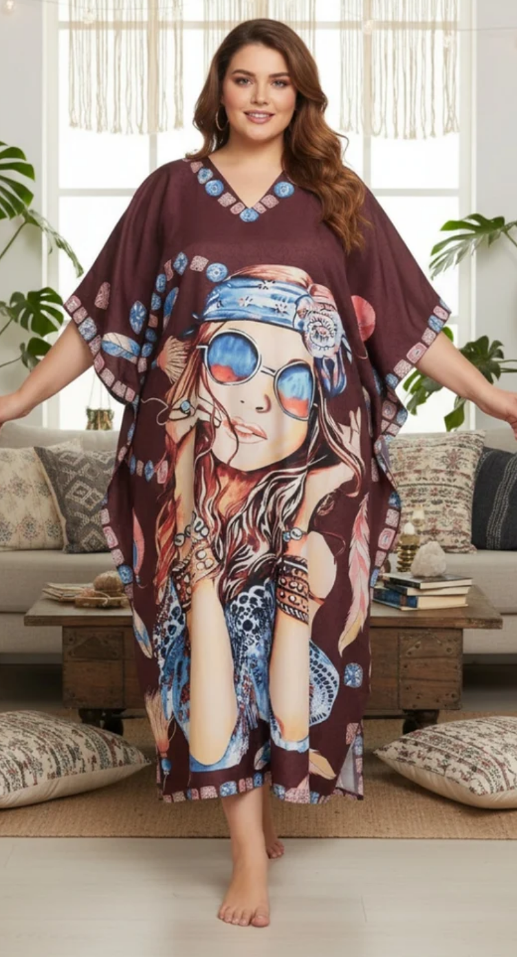 Brown Bohemian Girl Polyester Plus Size Kaftan for Women 1X-3X | GypsieBlu