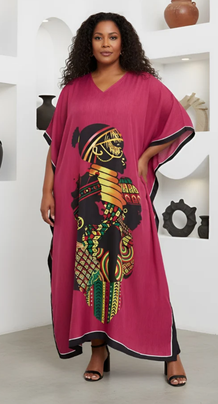 Pink African Tribal Warrior Figure Polyester Plus Size Kaftan for Women 1X-3X V Neck | GypsieBlu