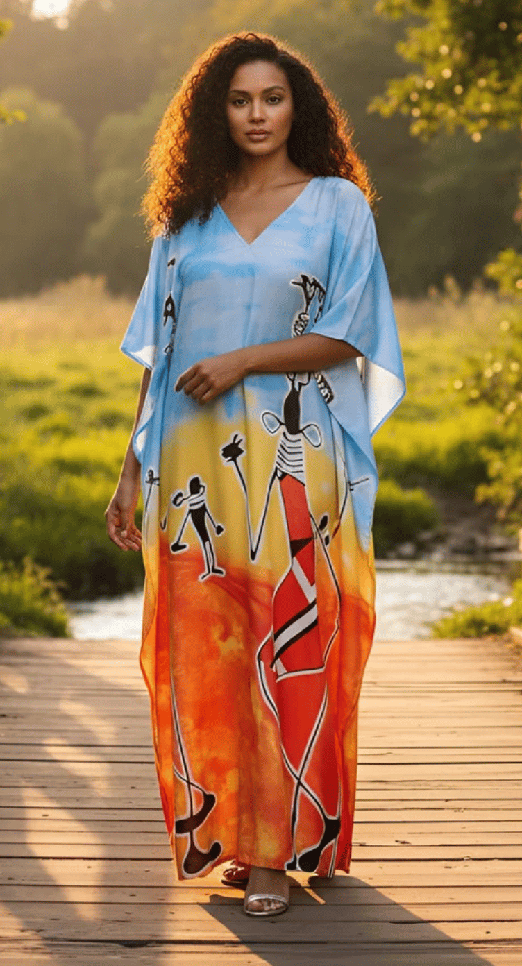 Blue Tribal Figures Polyester Plus Size Kaftan for Women 1X-3X | GypsieBlu