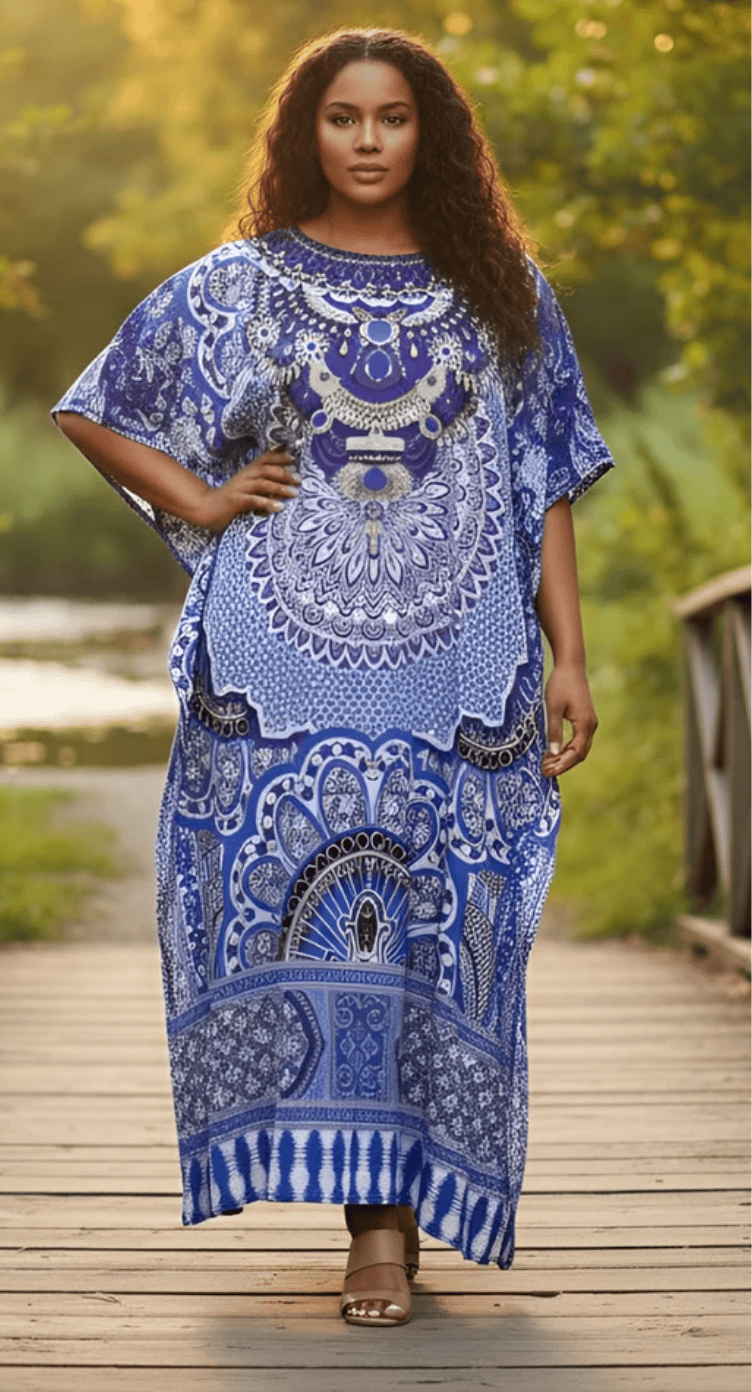 Blue Medallion Damask Polyester Plus Size Kaftan for Women 1X-3X | GypsieBlu