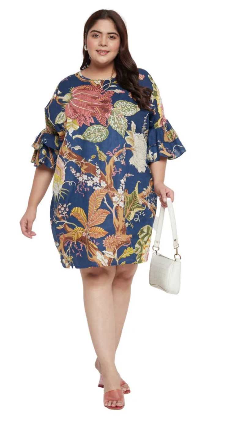 Blue Floral Cotton Dress for Women S-XL 3/4 Sleeve | GypsieBlu