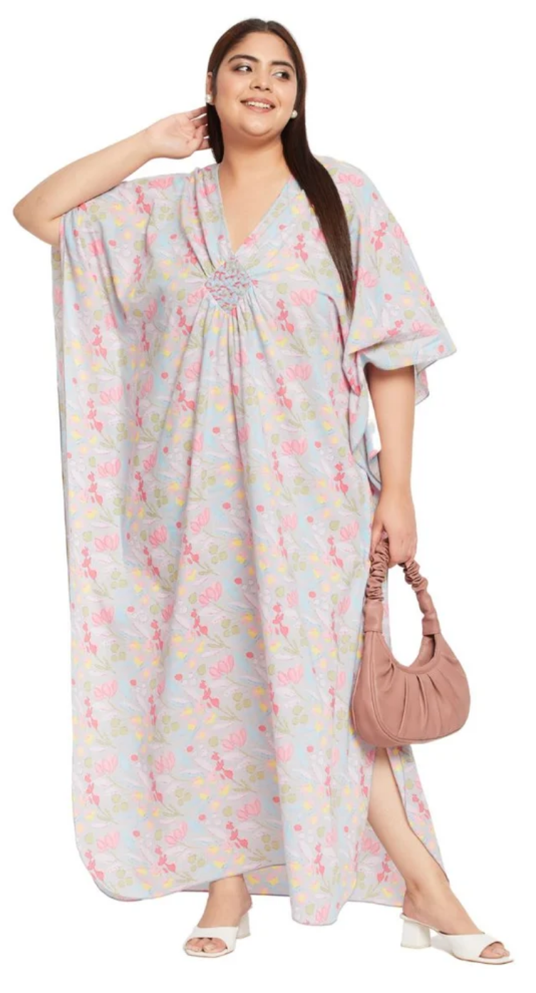 Gray Floral Cotton Plus Size Kaftan Dress for Women 1X-3X 3/4 Sleeve | GypsieBlu