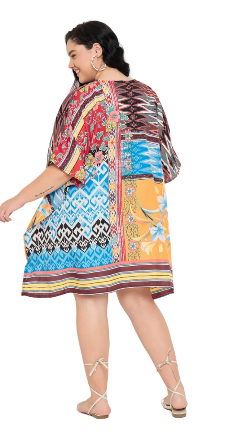 White Patchwork Floral Polyester Plus Size Tunic for Women 1X-3X | GypsieBlu